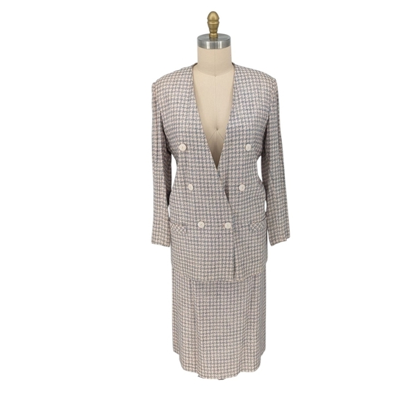 Vintage Chad Stevens Plaid Houndstooth Tweed Blazer Skirt Suit Pink 14 preppy - Picture 1 of 8